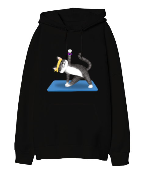 Tisho - Spor Yapan Kedi Tasarımlı Siyah Oversize Unisex Kapüşonlu Sweatshirt