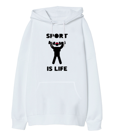 Tisho - Sport Is Life Stickman Beyaz Oversize Unisex Kapüşonlu Sweatshirt