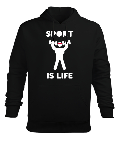 Tisho - Sport Is Life Stickman Siyah Erkek Kapüşonlu Hoodie Sweatshirt