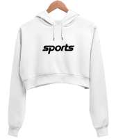 Sports Baskılı Beyaz Kadın Crop Hoodie Kapüşonlu Sweatshirt - Thumbnail