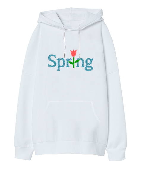 Tisho - Spring - Bahar Beyaz Oversize Unisex Kapüşonlu Sweatshirt