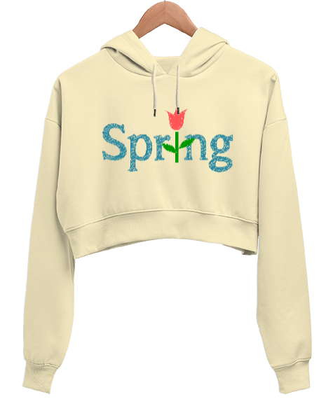 Tisho - Spring - Bahar Krem Kadın Crop Hoodie Kapüşonlu Sweatshirt
