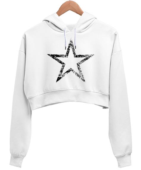 Tisho - STAR Beyaz Kadın Crop Hoodie Kapüşonlu Sweatshirt