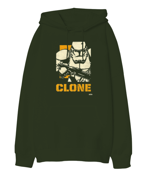 Tisho - Star Wars Clone Wars Tasarım Baskılı Haki Yeşili Oversize Unisex Kapüşonlu Sweatshirt
