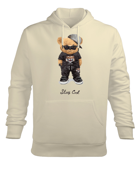 Tisho - Stay Cool Baskili Krem Erkek Kapüşonlu Hoodie Sweatshirt