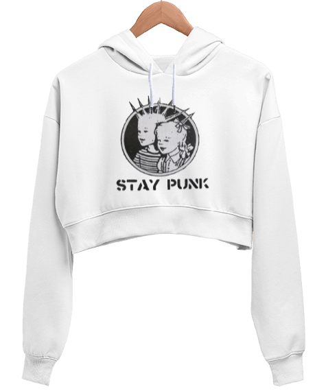Tisho - Stay Punk Rock Tasarım Baskılı Kadın Crop Hoodie Kapüşonlu Sweatshirt