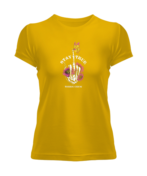 Tisho - Stay True Tasarım Baskılı Sarı Kadın Tişört