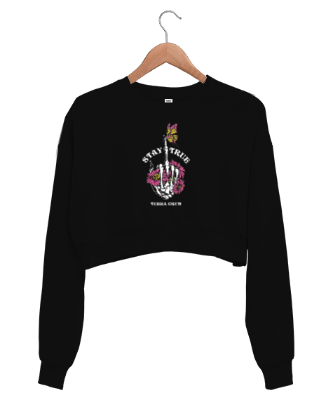 Tisho - Stay True Tasarım Baskılı Siyah Kadın Crop Sweatshirt