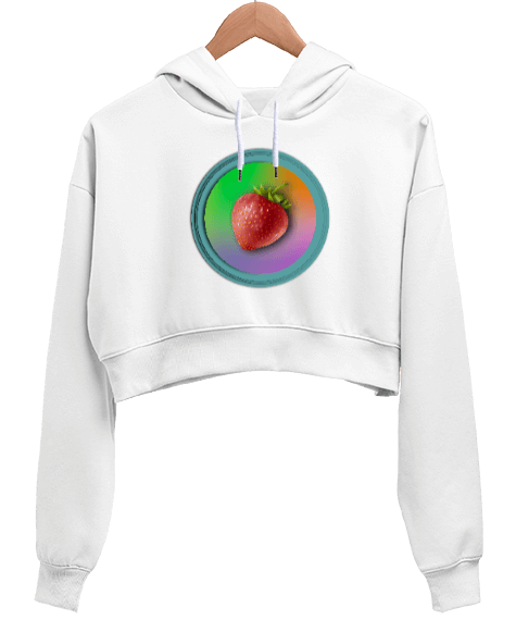 Tisho - strawberry Beyaz Kadın Crop Hoodie Kapüşonlu Sweatshirt