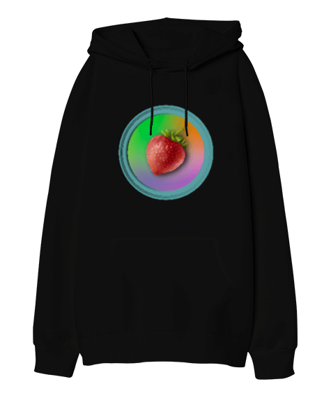 Tisho - strawberry Siyah Oversize Unisex Kapüşonlu Sweatshirt