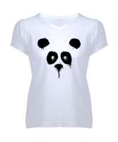 Suluboya Panda Beyaz Kadın V Yaka Tişört - Tisho