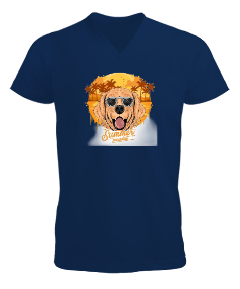 Tisho - Summer golden köpek baskılı Lacivert Erkek Kısa Kol V Yaka Tişört