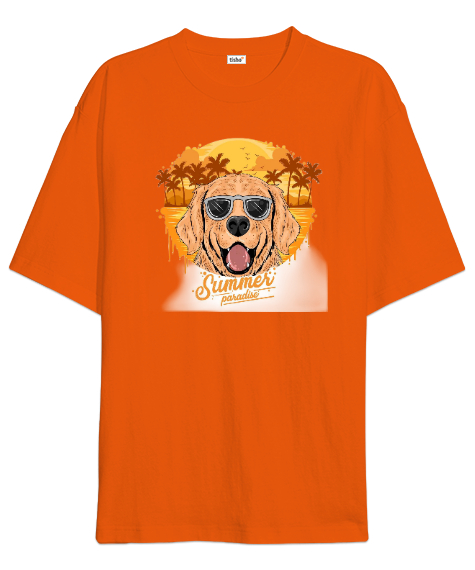 Tisho - Summer golden köpek baskılı Turuncu Oversize Unisex Tişört