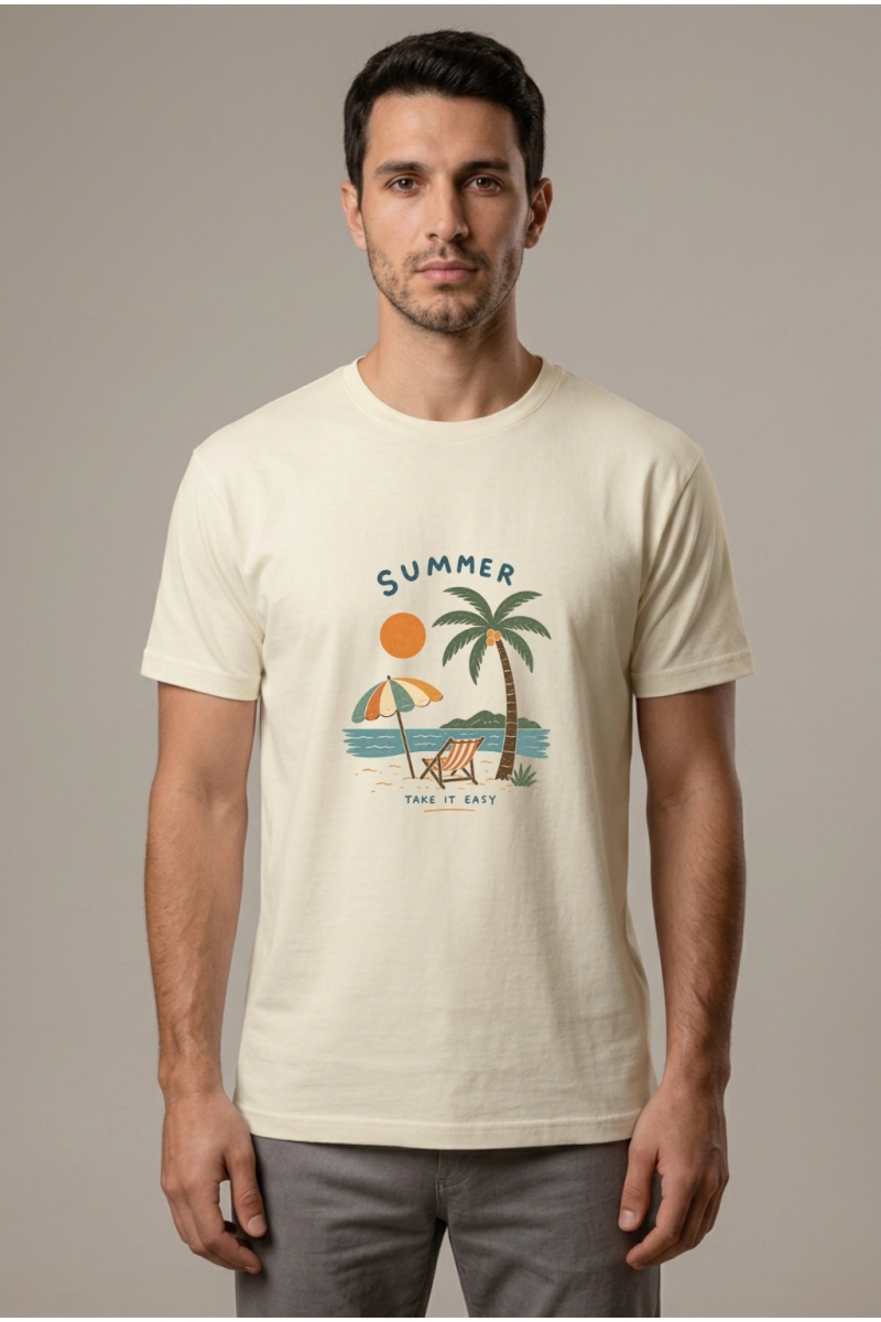 Summer Take it Easy Baskılı Erkek Bisiklet Yaka Tişört Krem %100 Pamuk - Tisho