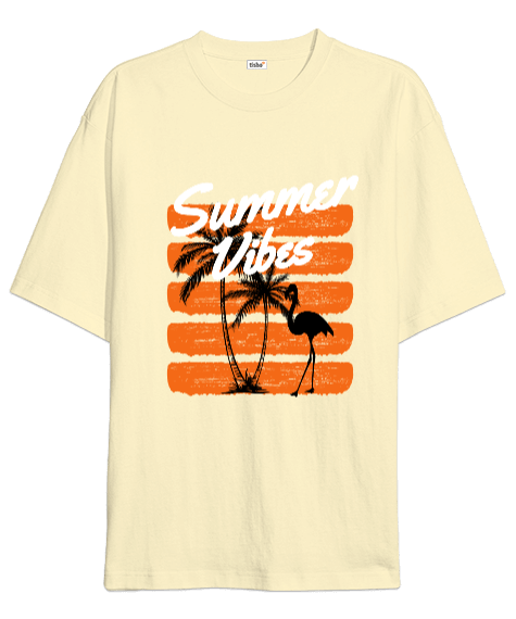 Tisho - Summer Vibes Tasarım Baskılı Krem Oversize Unisex Tişört