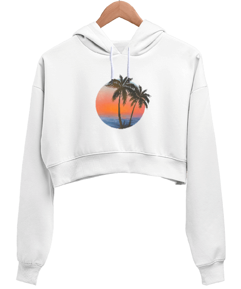 Tisho - sunset beach Beyaz Kadın Crop Hoodie Kapüşonlu Sweatshirt