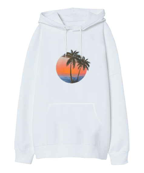 Tisho - sunset beach Beyaz Oversize Unisex Kapüşonlu Sweatshirt