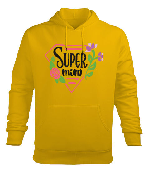 Tisho - Süper Anne Super Mom Anneler Günü Tasarımı Baskılı Sarı Erkek Kapüşonlu Hoodie Sweatshirt