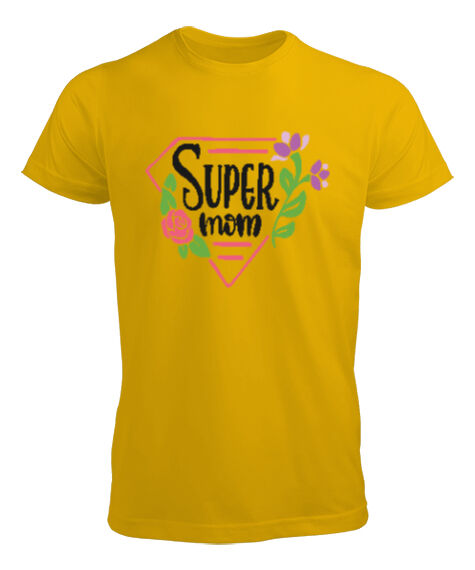 Tisho - Süper Anne Super Mom Anneler Günü Tasarımı Baskılı Sarı Erkek Tişört