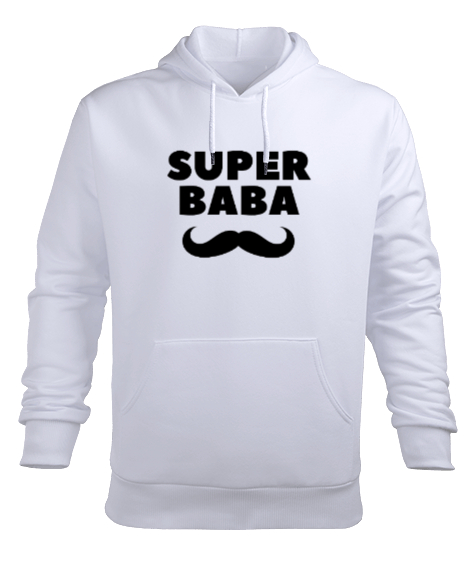 Tisho - Süper Baba Bıyık Babalar Günü Özel Beyaz Erkek Kapüşonlu Hoodie Sweatshirt