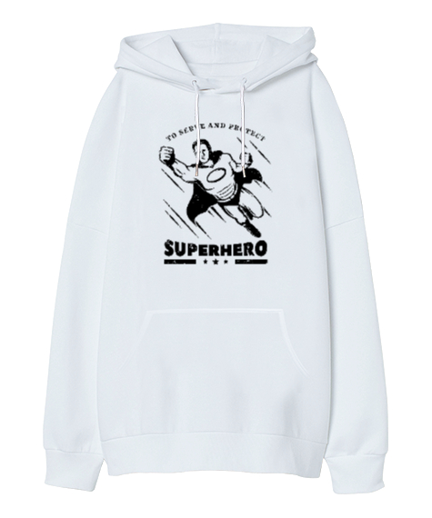 Tisho - Super Hero - Süper Kahraman Beyaz Oversize Unisex Kapüşonlu Sweatshirt