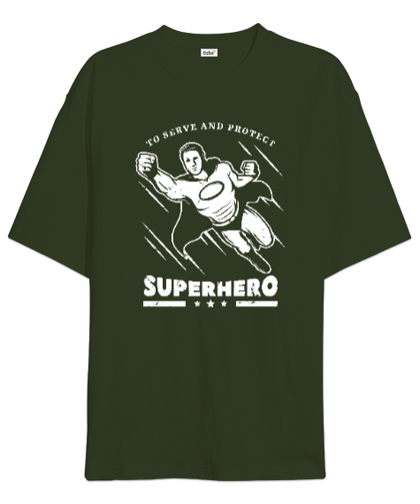 Tisho - Super Hero - Süper Kahraman Haki Yeşili Oversize Unisex Tişört