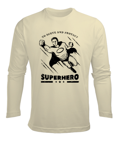 Tisho - Super Hero - Süper Kahraman Krem Erkek Uzun Kol Yazlık Tişört
