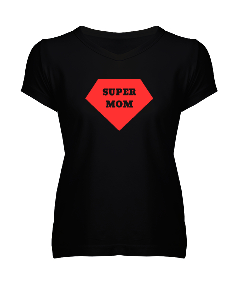Tisho - Super Mom Siyah Kadın V Yaka Tişört