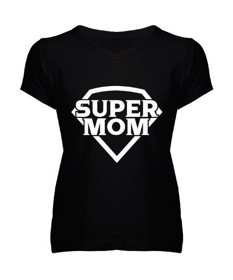 Tisho - super mom siyah Siyah Kadın V Yaka Tişört