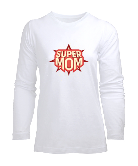 Tisho - Super Mom - Süper Anne Beyaz Kadın Uzun Kol Tişört