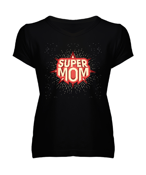 Tisho - Super Mom - Süper Anne Siyah Kadın V Yaka Tişört