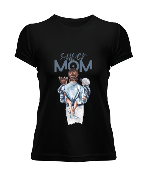 Tisho - Super Mom Watercolor Design Siyah Kadın Tişört