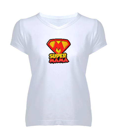 Tisho - Supermama - Süper Anne Beyaz Kadın V Yaka Tişört
