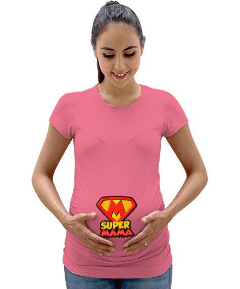 Tisho - Supermama - Süper Anne Pembe Kadın Hamile Tişört