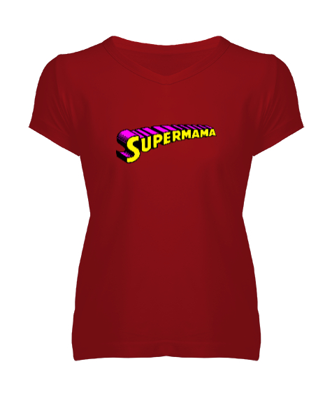 Tisho - Supermama - Süper Anne V2 Kırmızı Kadın V Yaka Tişört