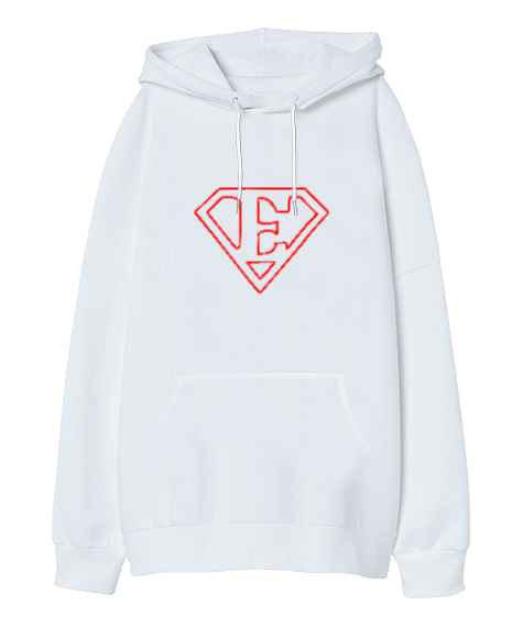 Tisho - Supermen Logo E Harfi Beyaz Oversize Unisex Kapüşonlu Sweatshirt