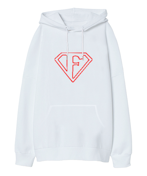 Tisho - Supermen Logo F Harfi Beyaz Oversize Unisex Kapüşonlu Sweatshirt