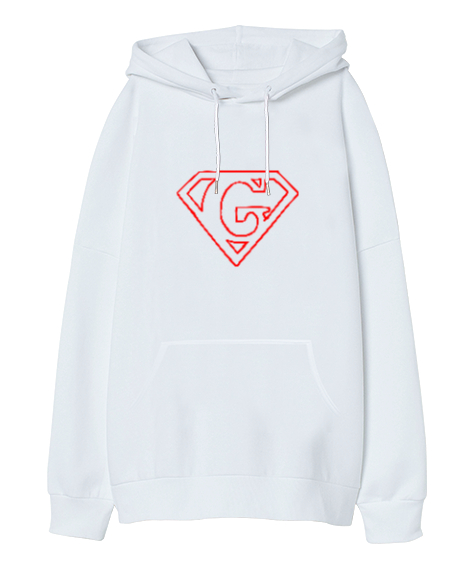 Tisho - Supermen Logo G Harfi Beyaz Oversize Unisex Kapüşonlu Sweatshirt