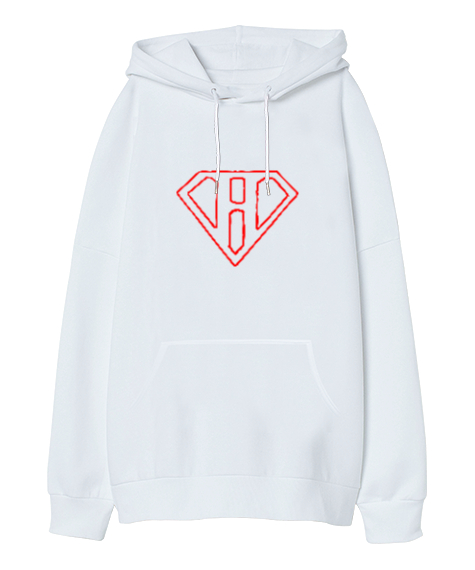 Tisho - Supermen Logo H Harfi Beyaz Oversize Unisex Kapüşonlu Sweatshirt