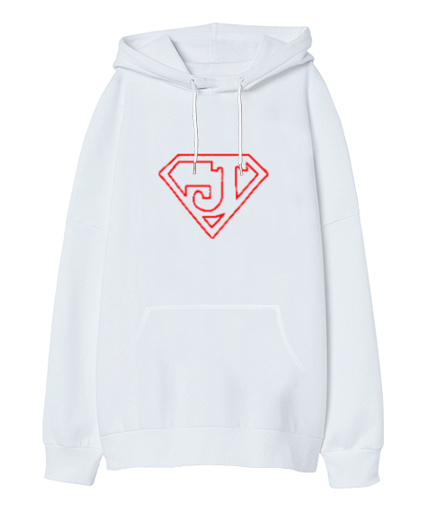 Tisho - Supermen Logo J Harfi Beyaz Oversize Unisex Kapüşonlu Sweatshirt