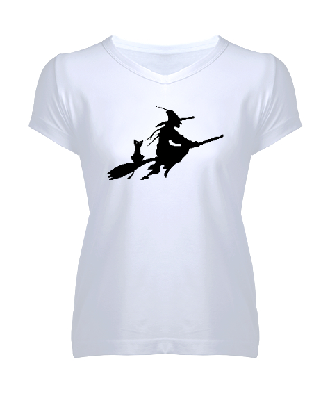 Tisho - Süpürgeli Cadı Beyaz Kadın V Yaka Tişört