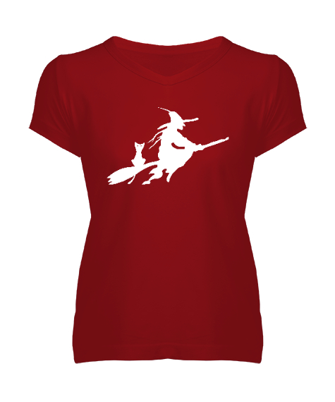 Tisho - Süpürgeli Cadı Kırmızı Kadın V Yaka Tişört