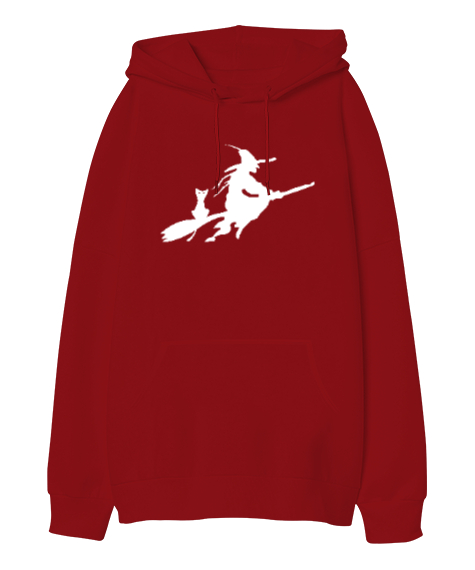 Tisho - Süpürgeli Cadı Kırmızı Oversize Unisex Kapüşonlu Sweatshirt