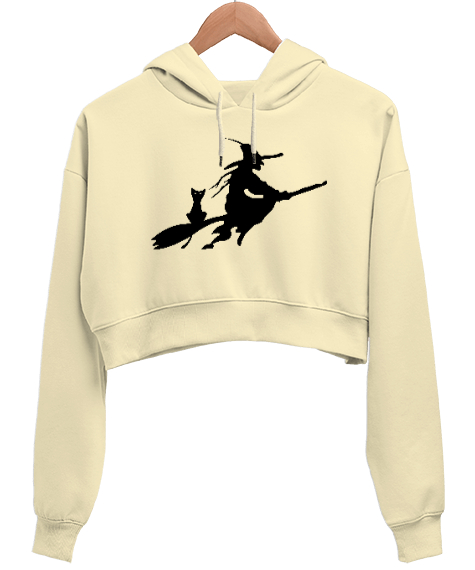 Tisho - Süpürgeli Cadı Krem Kadın Crop Hoodie Kapüşonlu Sweatshirt