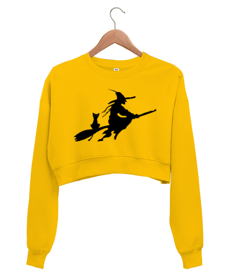 Tisho - Süpürgeli Cadı Sarı Kadın Crop Sweatshirt