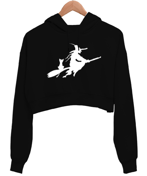 Tisho - Süpürgeli Cadı Siyah Kadın Crop Hoodie Kapüşonlu Sweatshirt