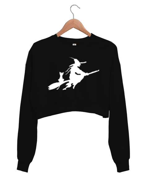 Tisho - Süpürgeli Cadı Siyah Kadın Crop Sweatshirt