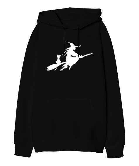 Tisho - Süpürgeli Cadı Siyah Oversize Unisex Kapüşonlu Sweatshirt