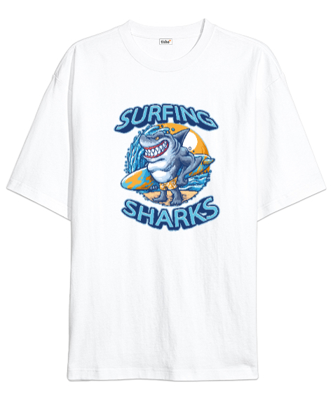 Tisho - Surfing Sharks - Sörf Beyaz Oversize Unisex Tişört