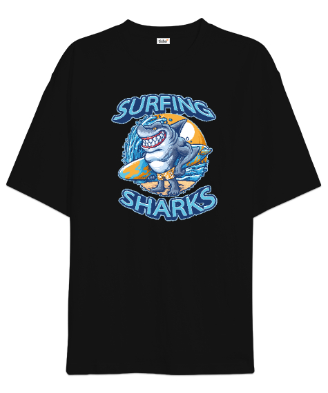 Tisho - Surfing Sharks - Sörf Siyah Oversize Unisex Tişört